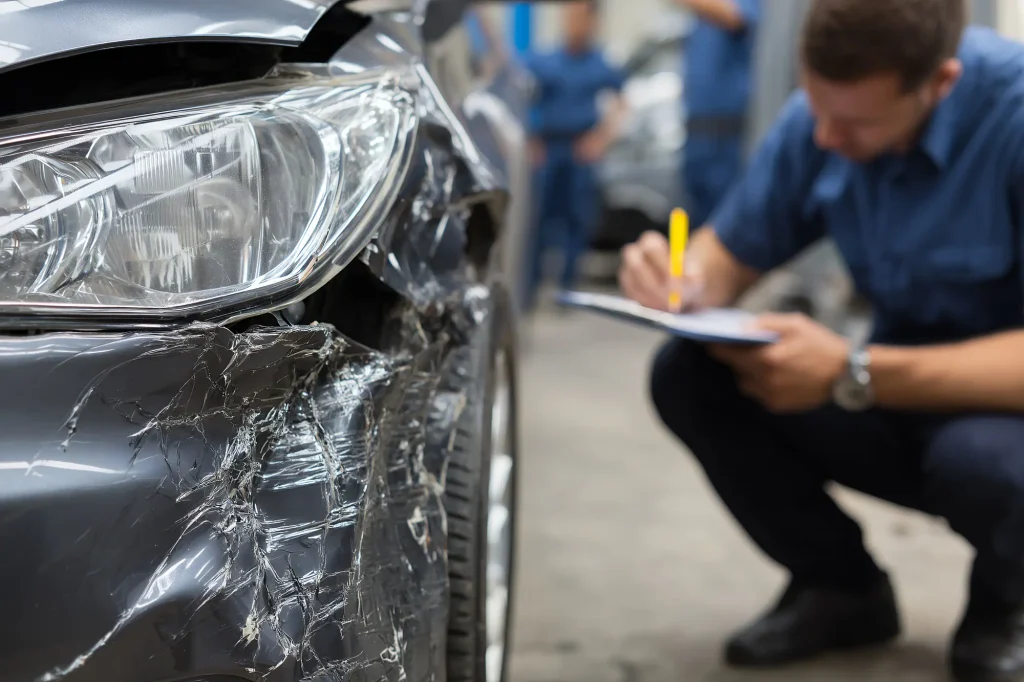 An assessor with a clipboard noting damage beside a car with a crumpled wing
