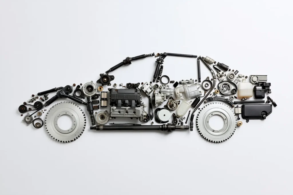 A car shape laid out from engine parts, wheels and components